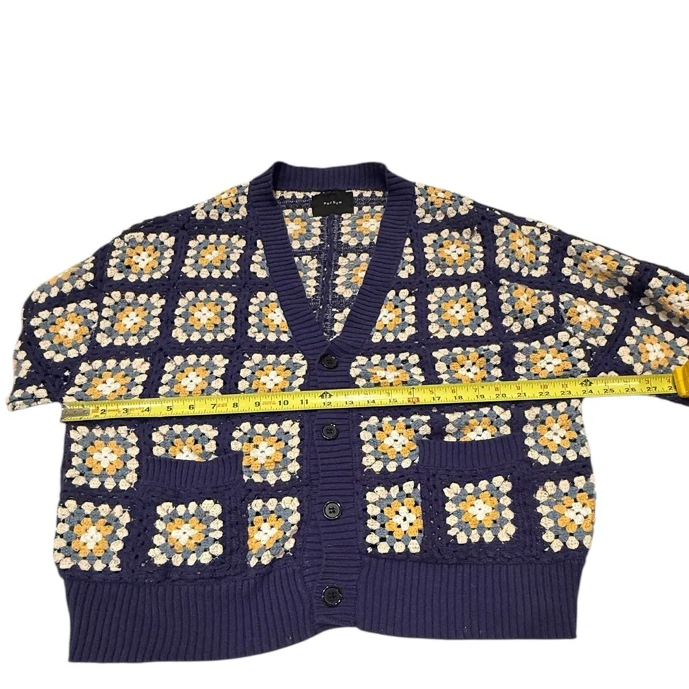 PacSun Estate Cardigan Crochet Granny Square V-Neck Button Down Sweater Navy - Picture 11 of 13
